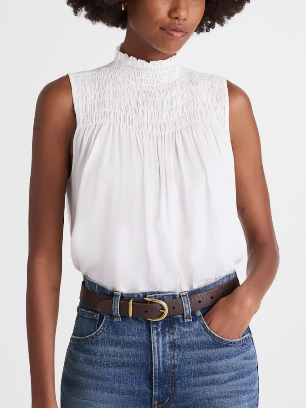 Madewell Smocked Mockneck Textural Smock Silk-Like Sleeveless Top Cream Size M
